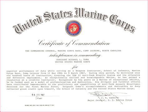 marine corps certificate  commendation format  fabtemplatez
