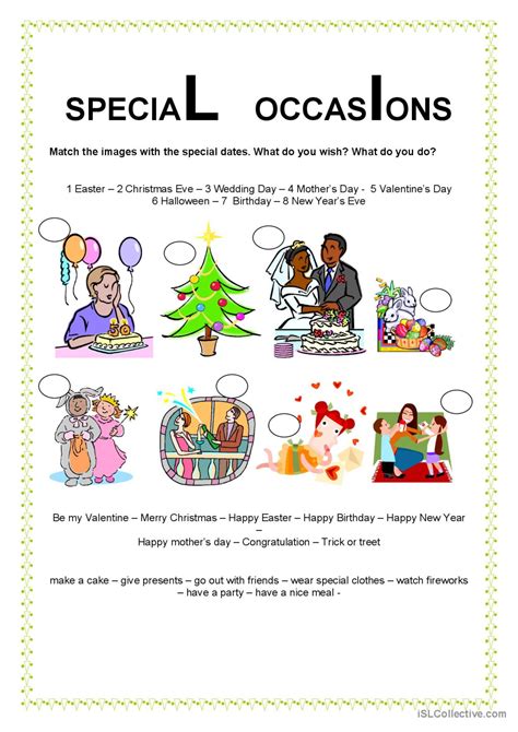 special occasions english esl worksheets