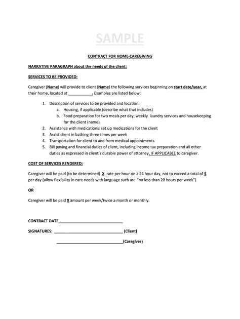 printable caregiver agreement caregiver contract template printable
