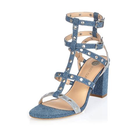 lyst river island blue denim strappy mid heel sandals  blue