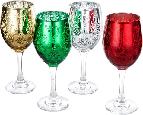 Myt Etched Glass Colored Christmas Wine Glasses Set Of 4