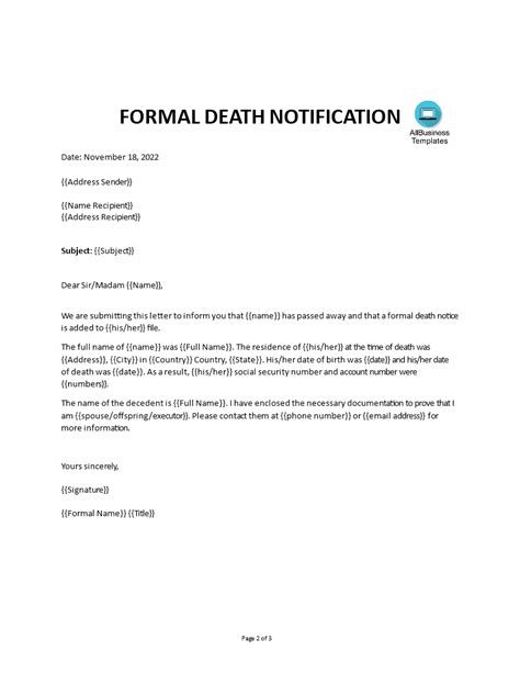 gratis death notification letter sample