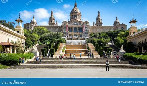 people  visiting fountain  national museum  catalonia  montjuic hill  barcelona