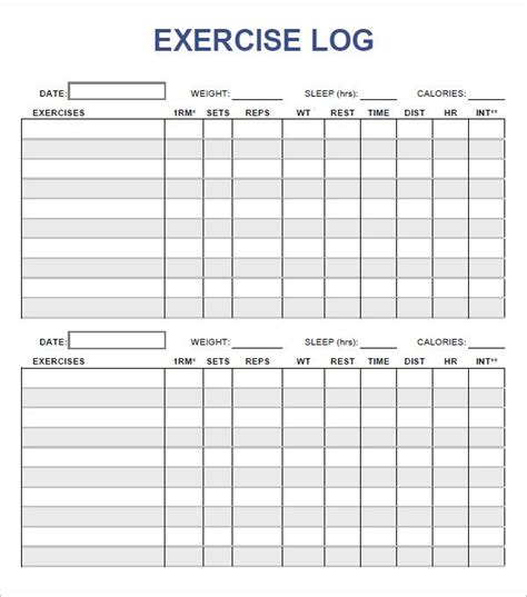 printable workout log template