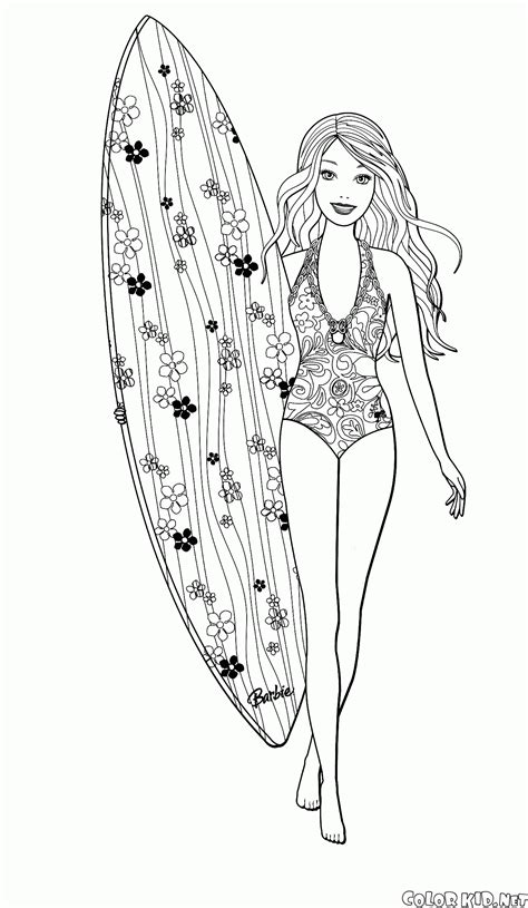 coloring page barbie  engaged  surfing