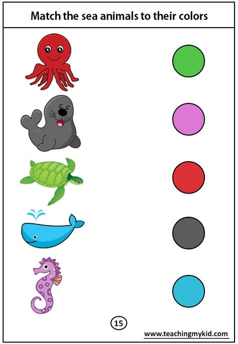 kindergarten worksheets  match  sea animals   colors