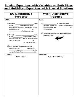 multi step equations variables   sides  special solutions notes