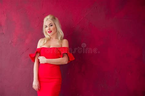 Nice Blonde Hair Lady In Red Dress Stock Image Image Of Design