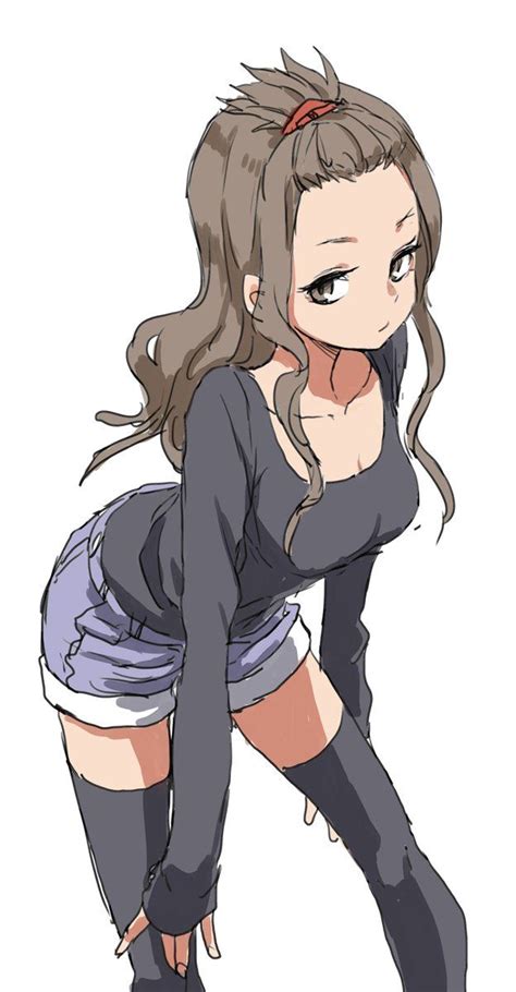 an anime girl with long brown hair and black boots is bent over her