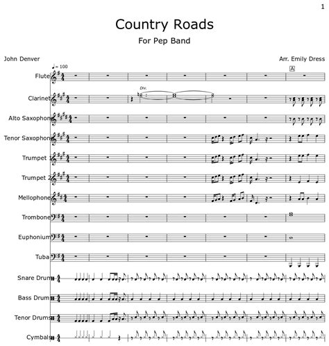 Country Roads Sheet Music For Flute Clarinet Alto Saxophone Tenor