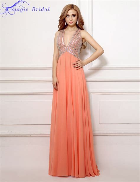 free shipping sexy deep v neck open back coral long chiffon plus size prom dresses with beadings
