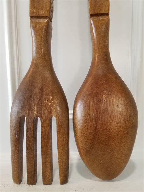 vintage extra large wood fork and spoon 22 inches wall decor etsy
