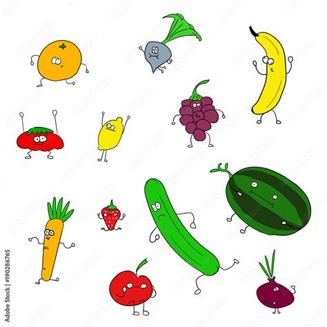 eğlenceli meyve ve sebze çizimleri stock illustration adobe stock