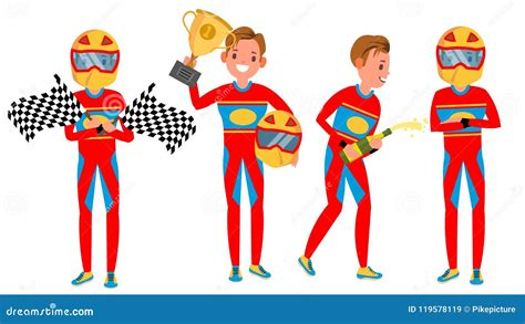 sport car racer male vector racing championship red uniform poses  action cartoon