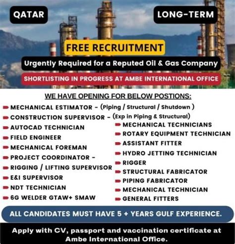 Free Recruitments Hiring For Oil And Gas Company Qatar