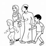 Family Muslim Illustration Vector Happy Waliking Drawn Hand Coloring Stock Line Islamic sketch template