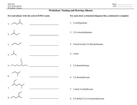 drawing  naming alkanes sch uunit hydrocarbonsworksheet