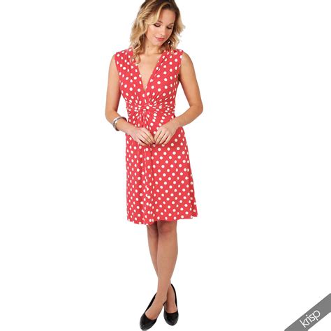 womens polka dot retro dress pleated skirt wrap mini v