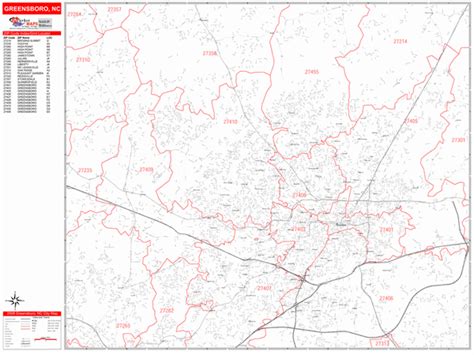 Greensboro North Carolina Zip Code Wall Map Red Line Style By