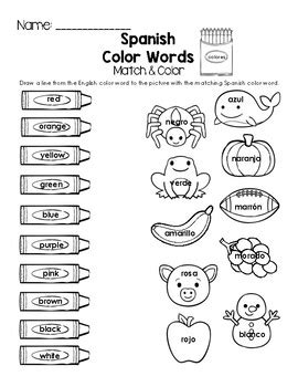 spanish color words worksheets   learning lane tpt