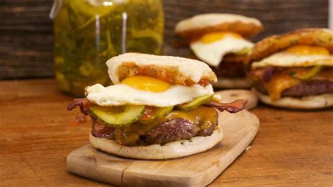 Old Bay Burgers With Bacon And Eggs On English Muffins