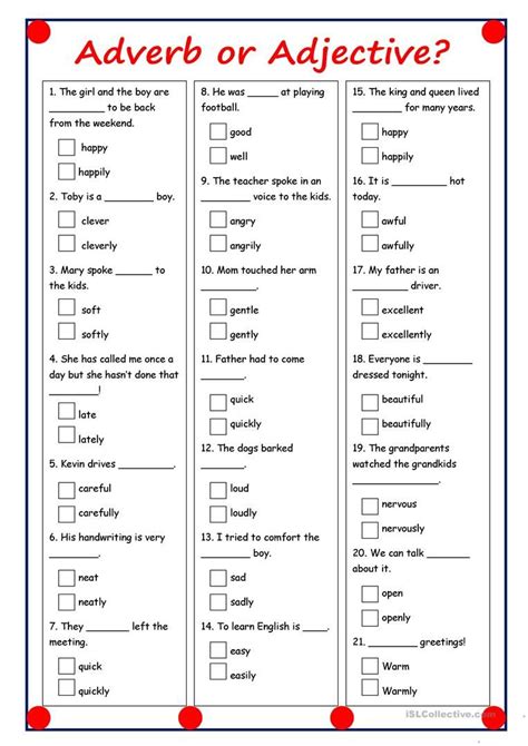 adverb  adjective worksheet  esl printable worksheets