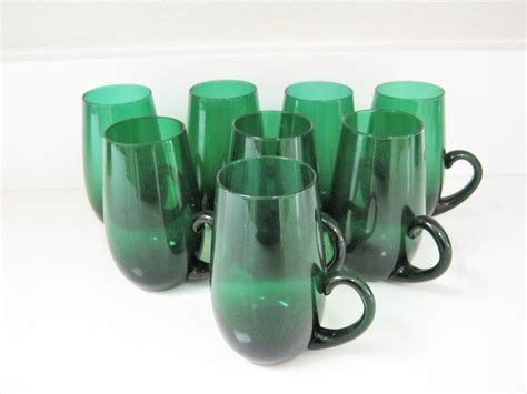 Forest Green Glass Irish Coffee Mugs Hand Blown Applied Handle Set Of