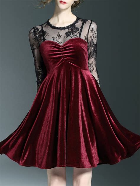 burgundy contrast lace velvet dress sheinabaday vestidos