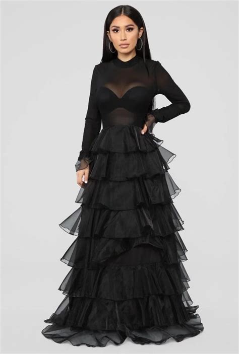Black Ruffle Long Sleeve Gown Nwt Xs Long Sleeve Evening Dresses