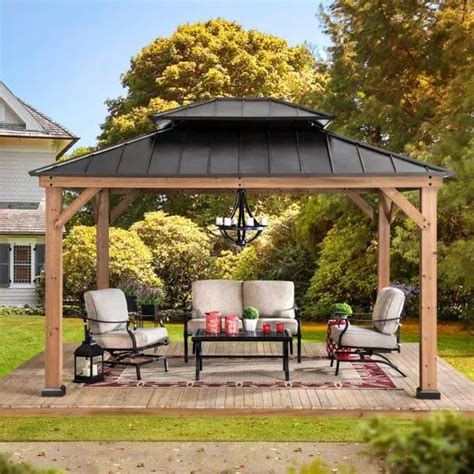 sunjoy archwood  ft   ft cedar frame gazebo  double tier steel roof hardtop