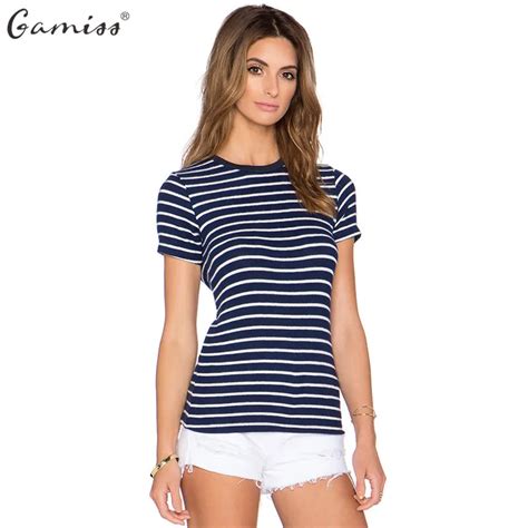 gamiss brand blue and white striped t shirt women round neck short