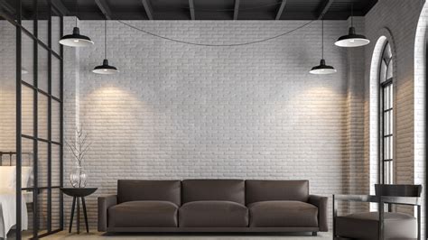 living room  white brick walls  wood flooring  furnished  modern furniture