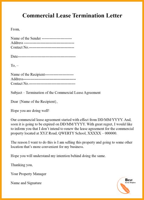 lease termination letter template format sample