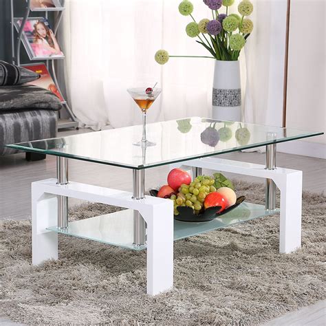 Uenjoy Rectangular Glass Coffee Table Shelf Chrome White Wood Living