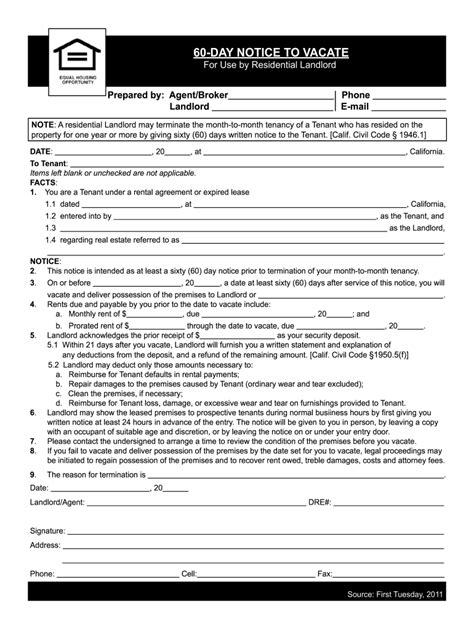 landlord notice  tenant  vacate property   form fill