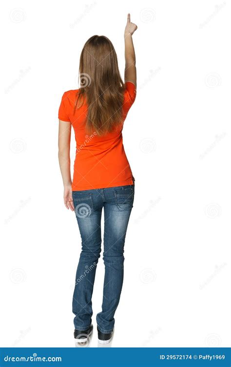 view  young casual female  full length pointing  blank copy