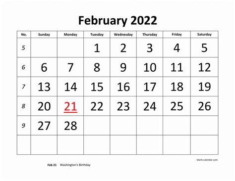 printable february  calendar large font design