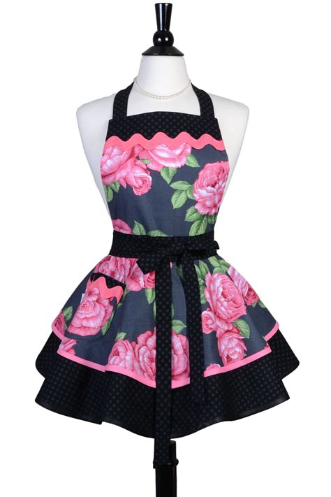 Womens Ruffled Retro Apron In Vintage Style Large Pink Floral Vintage