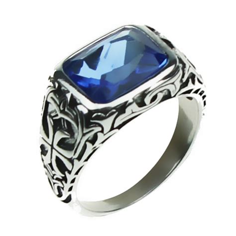 real pure  sterling silver rings  men blue natural crystal stone