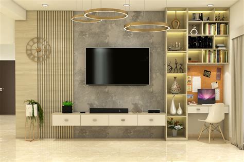 modern spacious tv unit design  exposed concrete wallpaper livspace