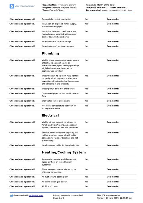 property inspection checklist template     excel