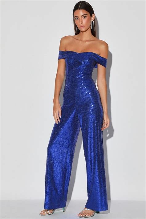 Here To Sparkle Royal Blue Sequin Off The Shoulder Jumpsuit Sparkly