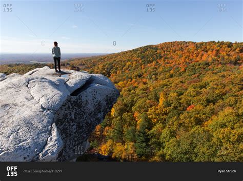 woman standing   rocky cliff overlooking  autumn forest stock