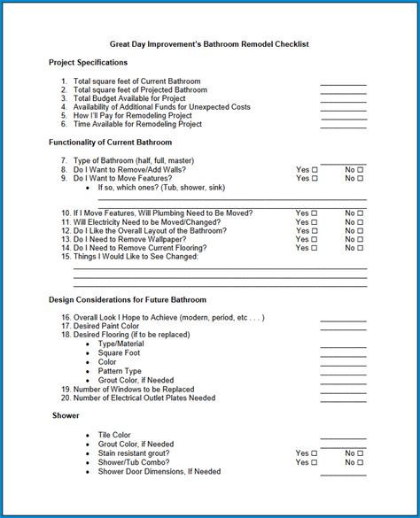 printable bathroom remodel checklist template checklist templates