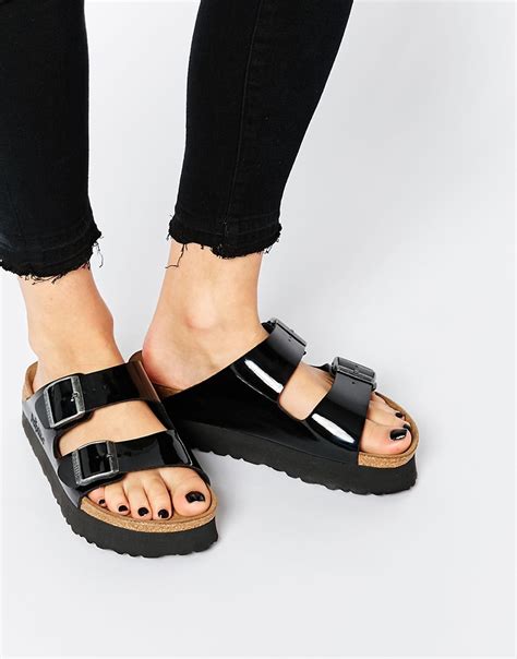 birkenstock arizona platform patent black slider flat sandals  black