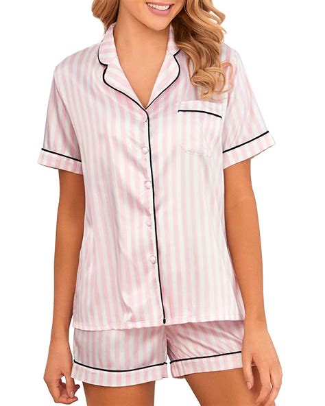 buy women striped pajamas pink silk pj shorts set button pajama two