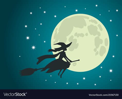 Halloween Witch Flies On Broomstick Full Moon Vector Image