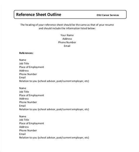 printable blank reference sheet template   sample reference page