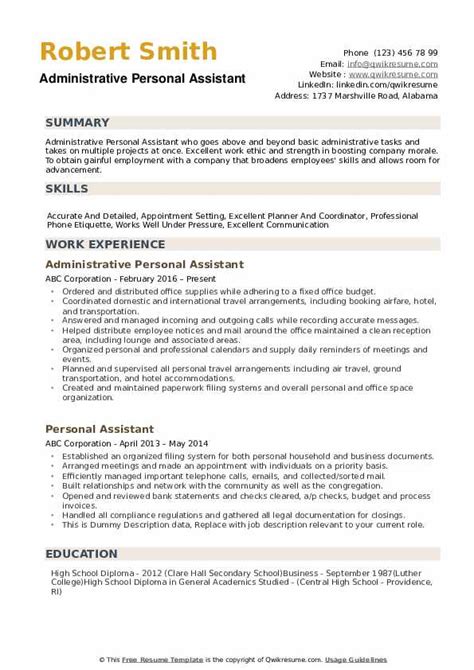 personal assistant resume samples qwikresume