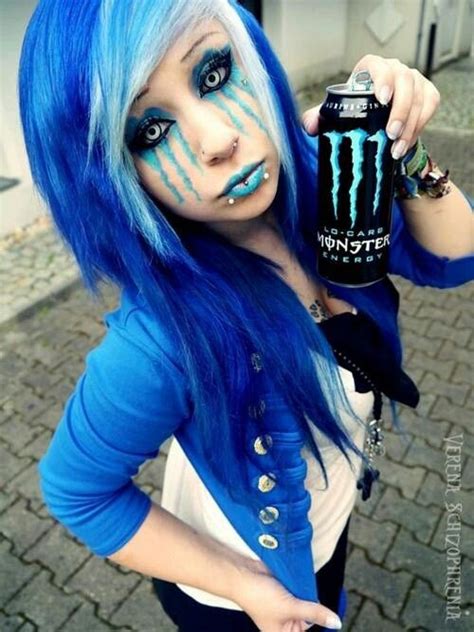 monster energy blue hair blue makeup scene scene queen